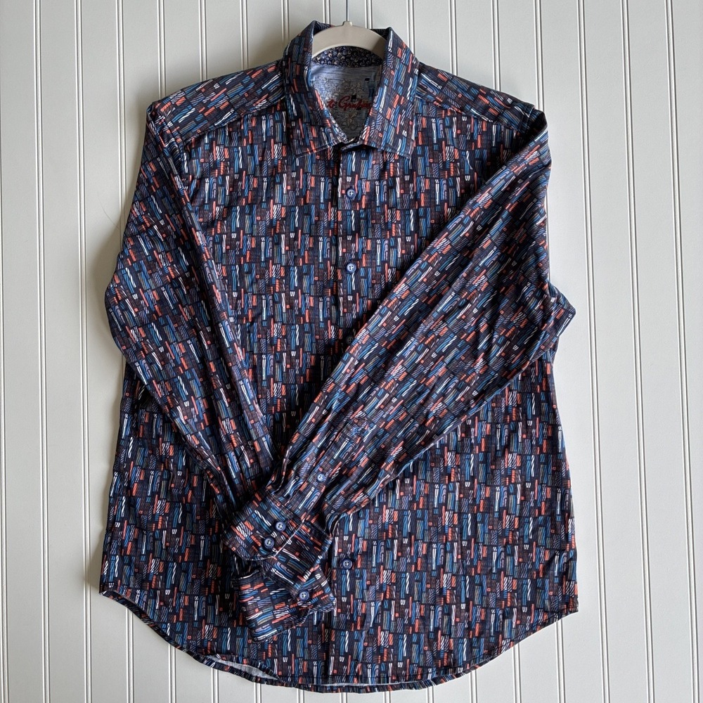 Robert Graham Men's Lg AOP Abstract Block Tiles Flip Cuff Luxury Button Down